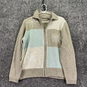 TanJay Sweater Womens Medium Beige Snowflake Full Zip Christmas Cardigan Knit